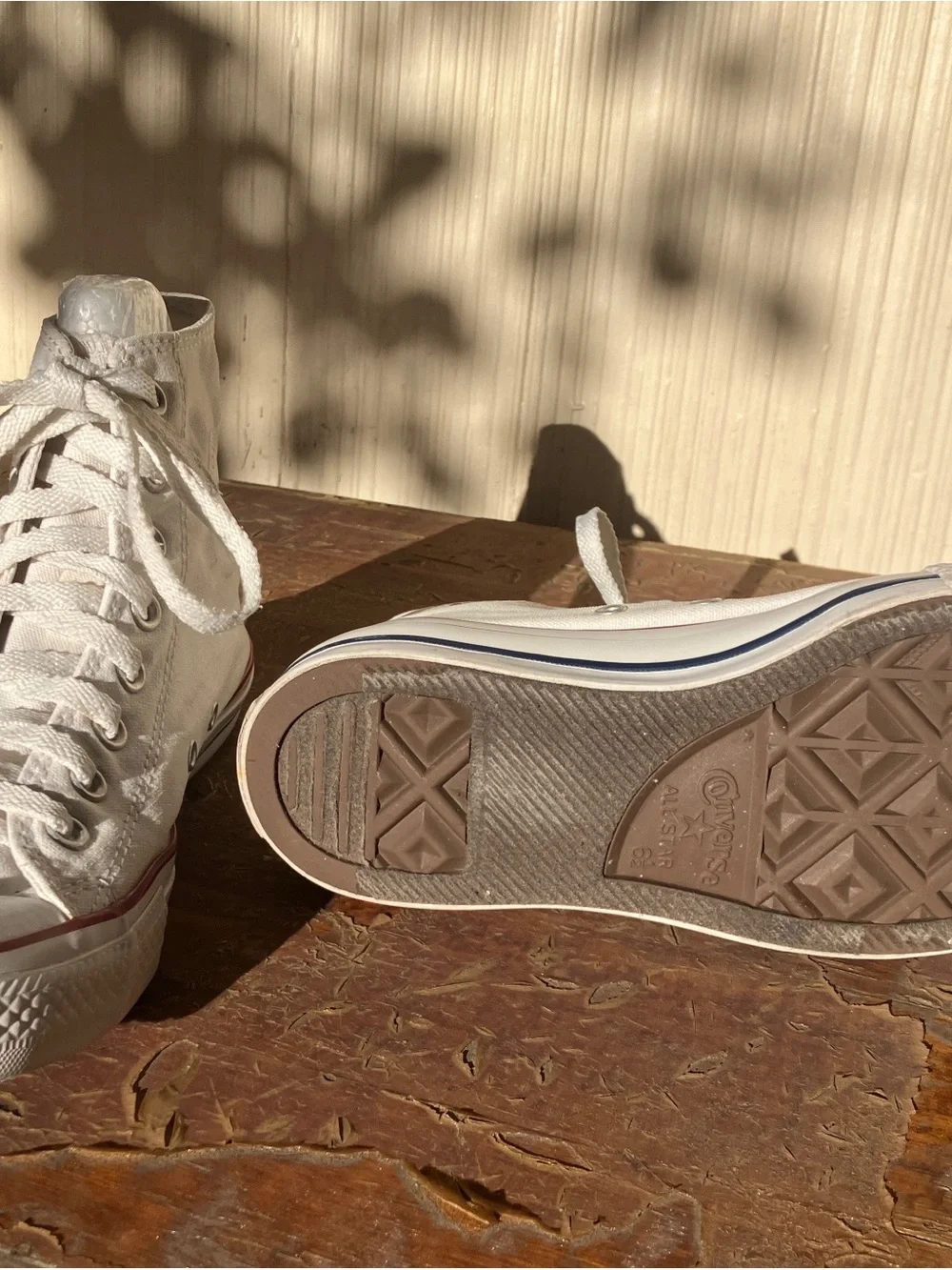 Converse White High Top Chuck Taylor All Star Sneakers with Red & Blue Trim - Picture 2 of 4